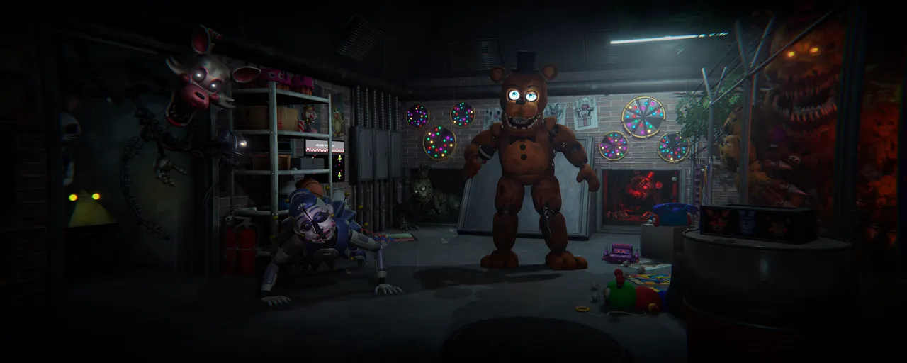 The Glitched Attraction banner: Freddy, Mangle, Ballora and other animatronics crowd a cluttered back room full of posters and prize wheels
