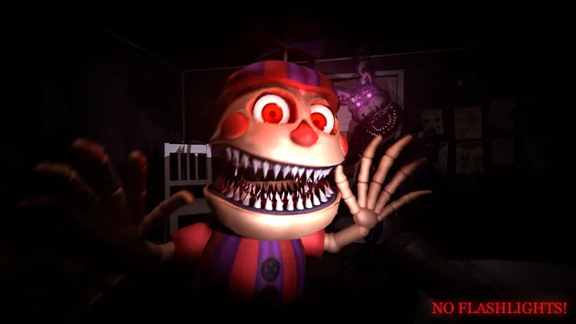 The Glitched Attraction screenshot: a grinning Nightmare BB with jagged teeth lunges at the player in the dark bedroom, with the words No flashlights