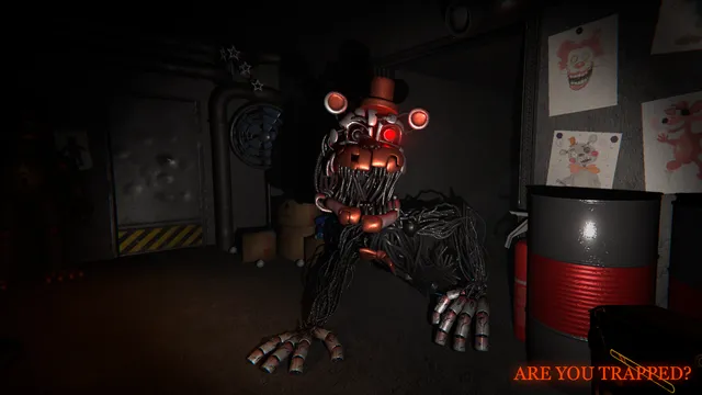 The Glitched Attraction screenshot: Molten Freddy crawls between barrels in a dim room, with the words Are you trapped