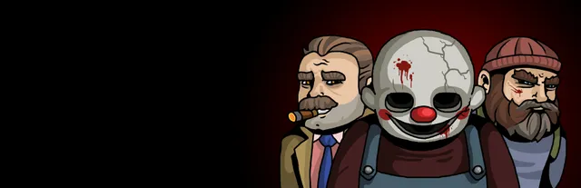 Key art of the three leads: a detective with a cigar, John Wade in a cracked, bloodied clown-white mask, and a bearded man in a beanie
