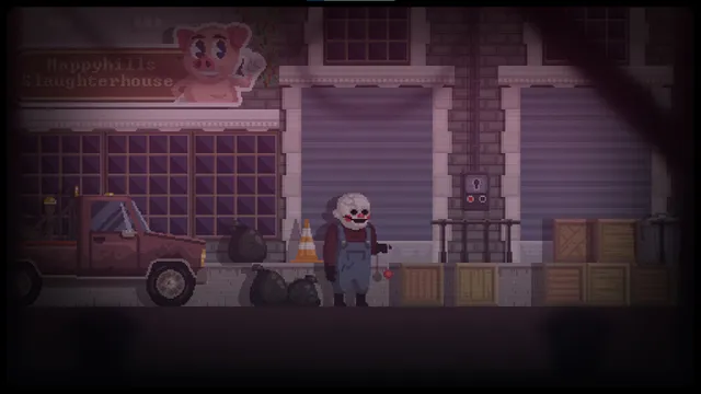 John Wade in his pale grinning mask and overalls stands outside the Happyhills Slaughterhouse at night, in pixel art