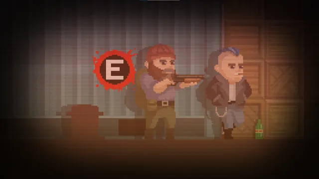 Mr Carpenter aims a sawn-off shotgun at a man in a leather jacket in a warehouse