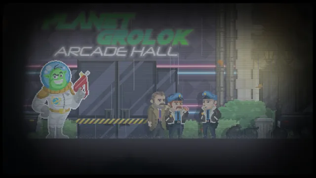 The detective and two police officers outside the Planet Grolok arcade hall at night
