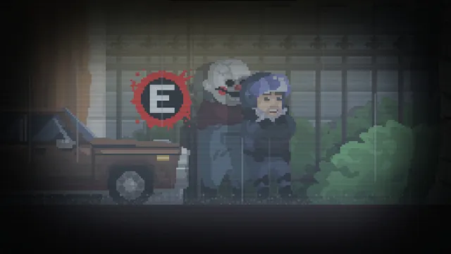 The masked killer creeps up behind a woman outside a parked car, with an interaction prompt above them