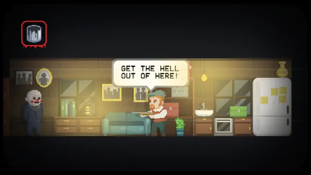 The Happyhills Homicide screenshot: a man with a shotgun shouts Get the hell out of here at the masked killer in a living room
