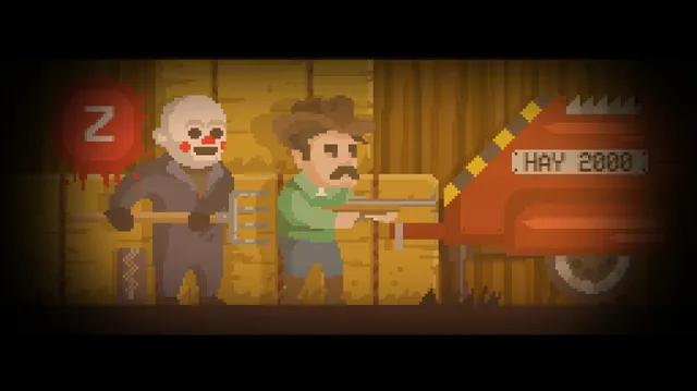 The Happyhills Homicide screenshot: the killer with a pitchfork faces a farmer with a shotgun in a barn beside a hay machine