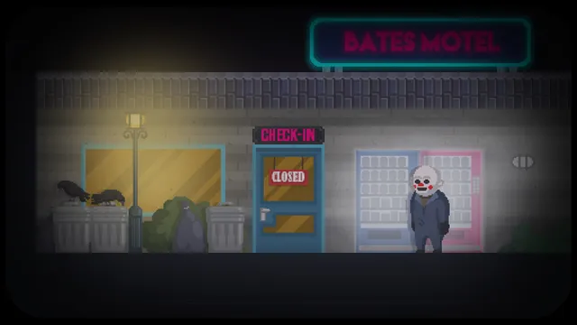 The Happyhills Homicide screenshot: the masked killer by a vending machine outside a motel under a neon Bates Motel sign