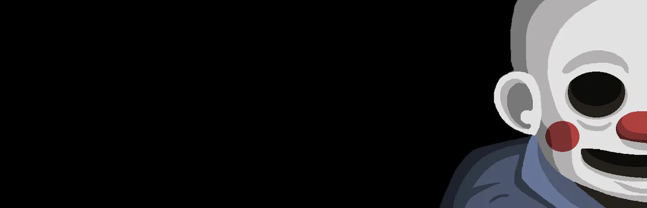 The Happyhills Homicide art: the killer's pale mask with red-circled cheeks and dark eye holes on black