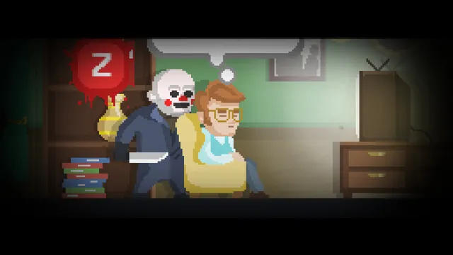 The Happyhills Homicide screenshot: the masked killer with a knife stands behind a man in glasses sitting in a yellow armchair