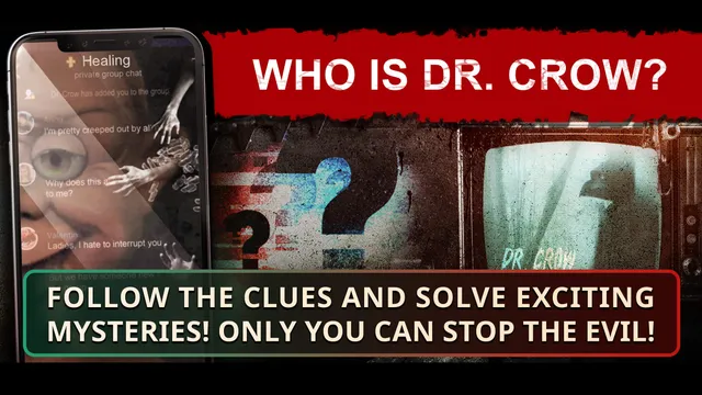 The Healing store art: the Healing group chat over a creepy collage of an eye and hands, beside an old TV showing a plague doctor and the words Who is Dr. Crow