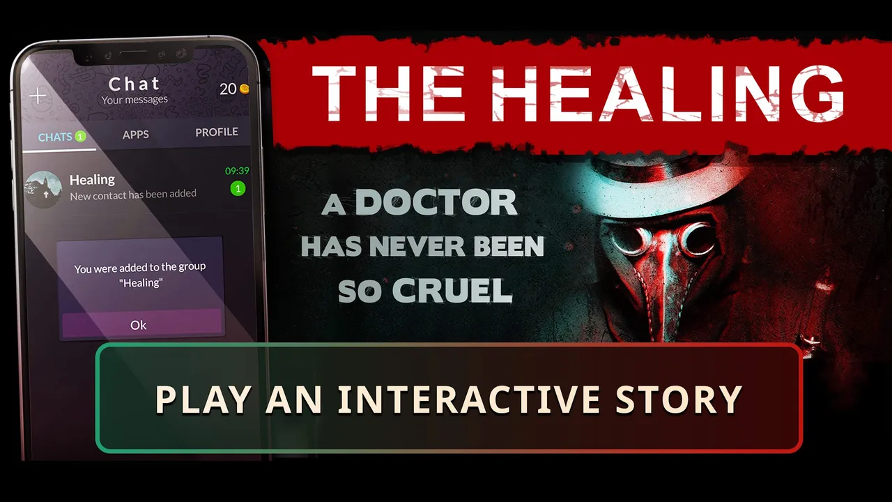 The Healing store art: a red-lit figure in a plague doctor mask beside a phone showing that you were added to the group Healing