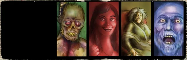 The Horror Of Salazar House art: four painted portraits of grotesque faces, from a rotting man to a pale screaming ghost