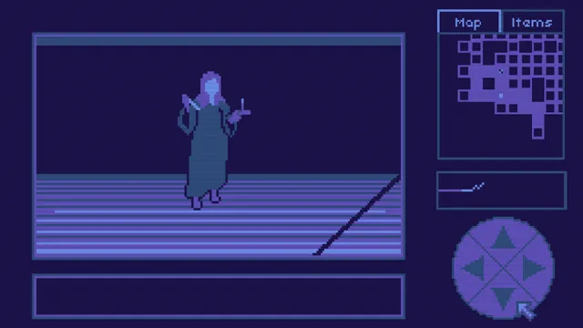 A woman holding a candle in a blue pixel-art room, with the map panel beside the scene