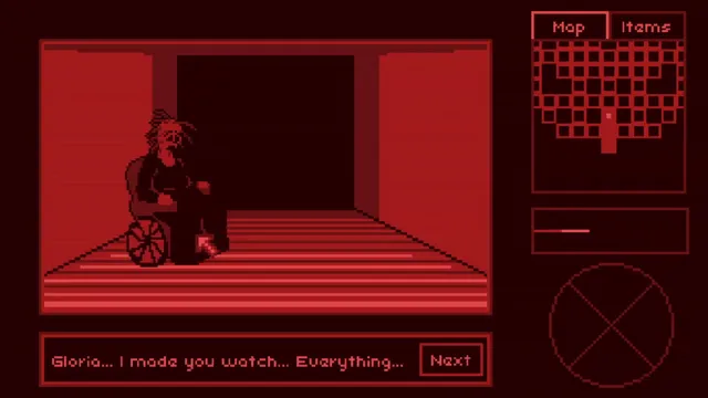 A figure in a wheelchair in a red corridor, with the line Gloria... I made you watch... Everything