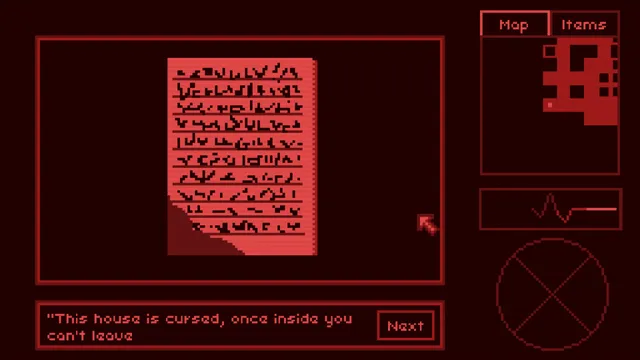 A note reading This house is cursed, once inside you can't leave, in red pixel art