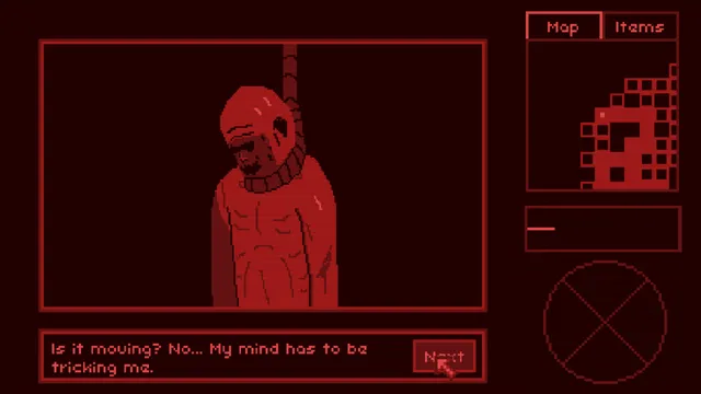 Red pixel art of a hanged body with the text Is it moving? No... My mind has to be tricking me