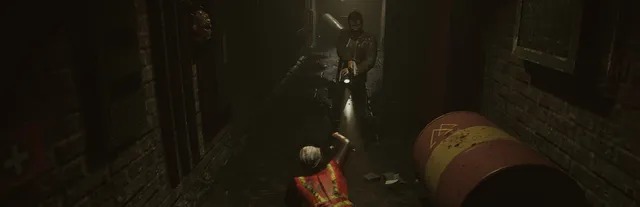 A man aims a pistol and flashlight down a dark brick alley at a zombie in an orange safety vest