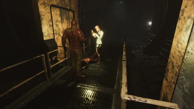 A bloody figure faces Judie on a metal catwalk in a dim service tunnel, a body on the floor between them