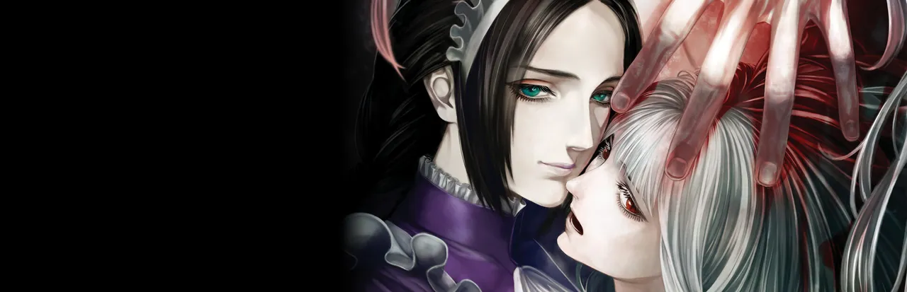 The House in Fata Morgana key art: the dark-haired Maid holds a pale white-haired girl close while a red, ghostly hand reaches over her head