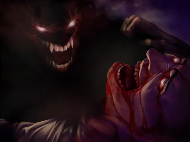 The House in Fata Morgana screenshot: a grinning shadow with glowing eyes and fangs looms over a screaming, bloodied face