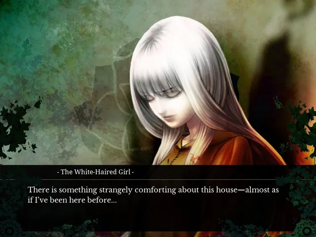 The House in Fata Morgana screenshot: a white-haired girl with lowered eyes, above a text box saying the house feels as if she has been there before