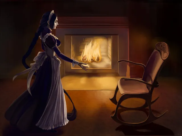 The House in Fata Morgana screenshot: the Maid in a long black dress gestures toward a fireplace beside an empty rocking chair