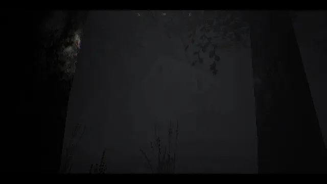 The House In The Woods screenshot: a pale house glimpsed between dark tree trunks in thick fog