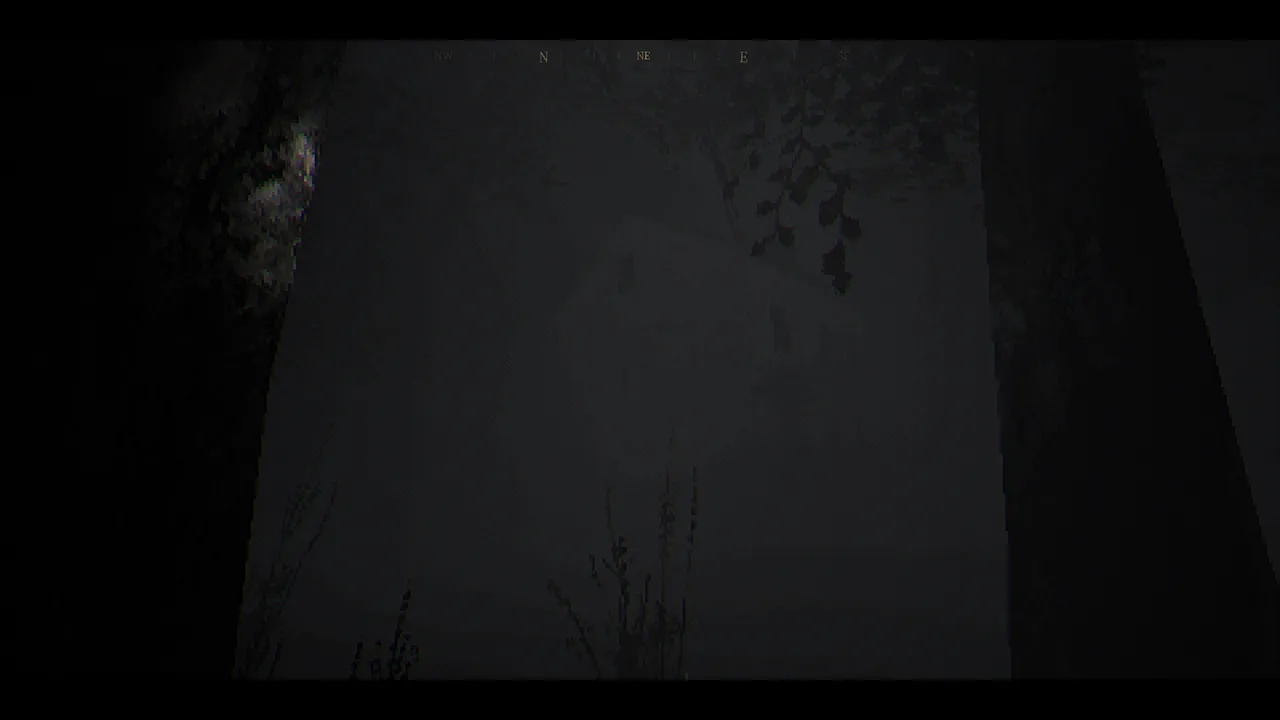 The House In The Woods screenshot: a pale house glimpsed between dark tree trunks in thick fog