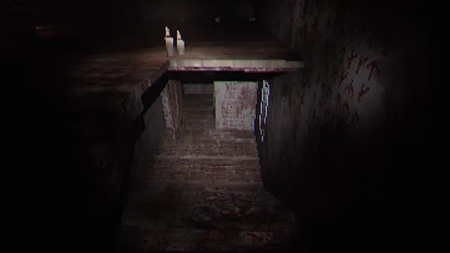 The House In The Woods screenshot: a stairway down into a basement, with candles on a ledge and red symbols scrawled on the walls