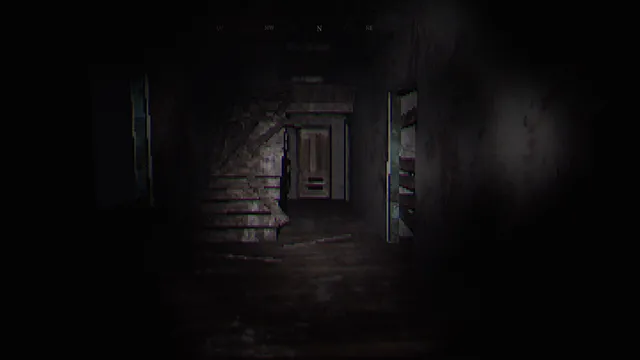 The House In The Woods screenshot: a dark hallway inside the house, with a door and stairs at the end