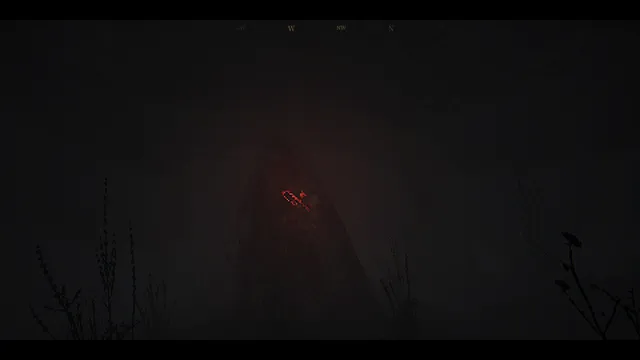 The House In The Woods screenshot: a dark standing shape in the fog marked with a glowing red symbol