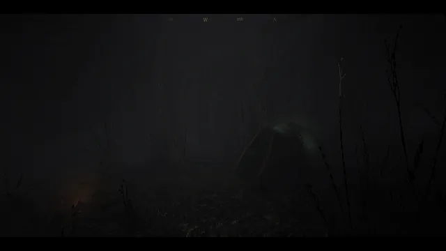 The House In The Woods screenshot: a tent and a dying campfire in a dark, foggy forest