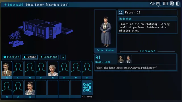The deduction terminal with a blue wireframe of the house, a grid of numbered person slots and a clue note about ash and perfume
