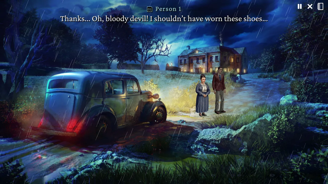 Illustrated scene of a 1930s car with its headlights on in the rain outside a large country house at night, a man and a woman standing beside it