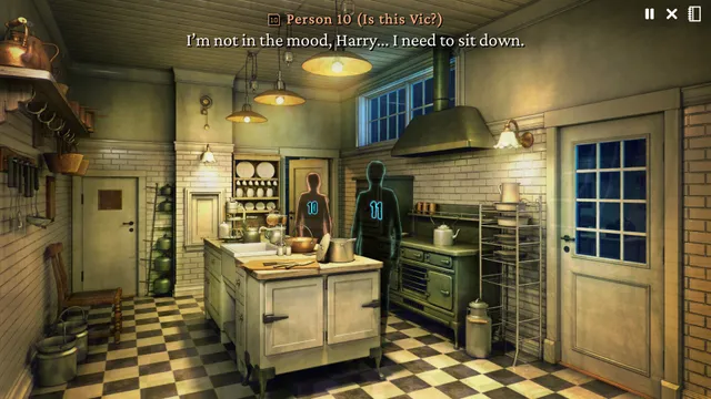An old tiled kitchen with copper pots, where two people appear only as glowing numbered silhouettes