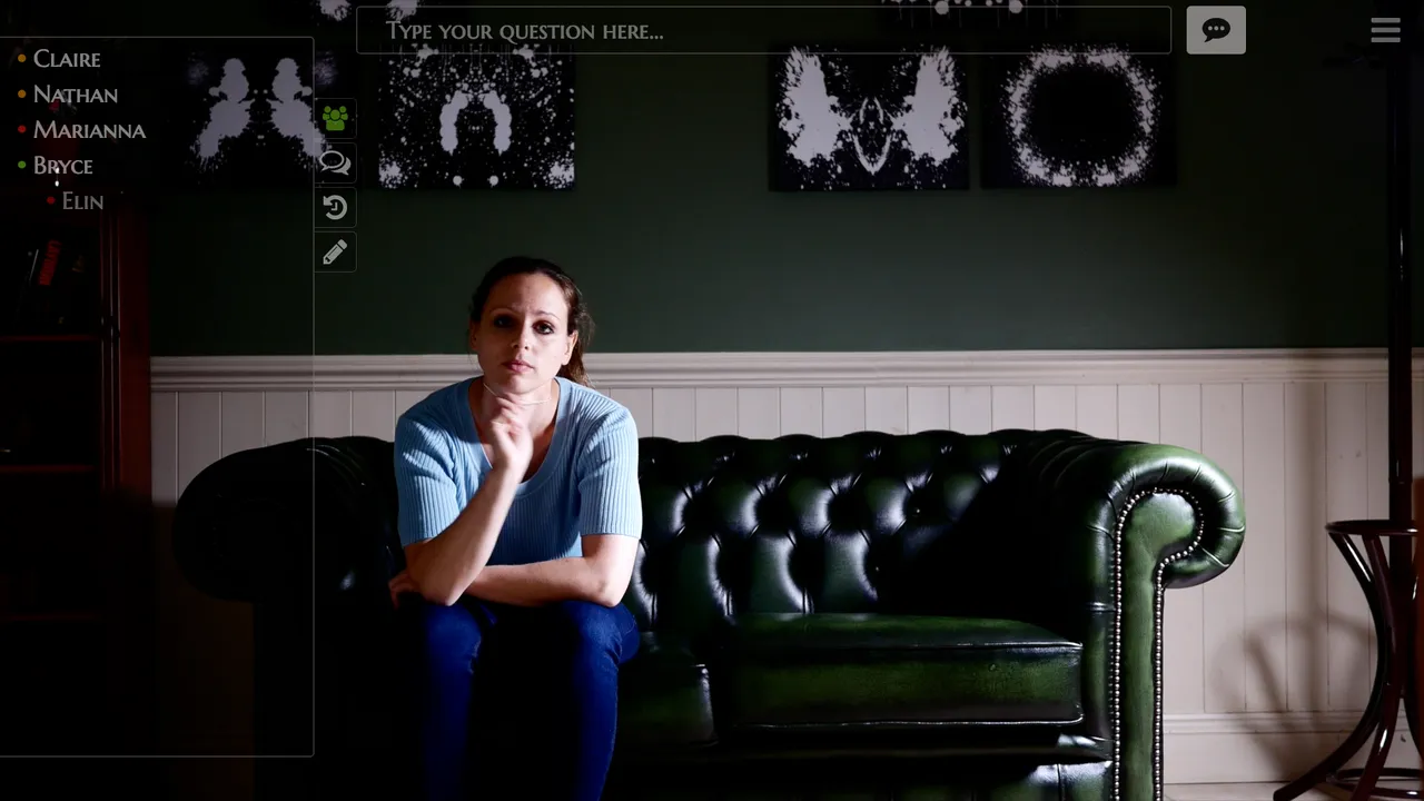 A patient sits on a green leather couch facing you, with the question box and patient list on screen