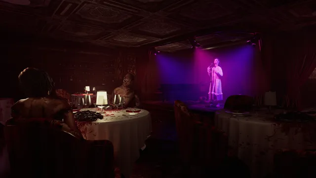 Blood-stained tables in the hotel's dining room while a singer in white stands under a purple spotlight