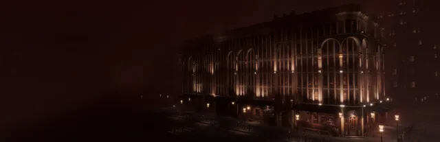 The Inn-Sanity: a large, lit-up luxury hotel at night under a dark red sky