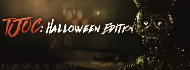 The Joy of Creation: Halloween Edition title art: a decayed Springtrap with glowing white eyes beside the title in red and white brush letters