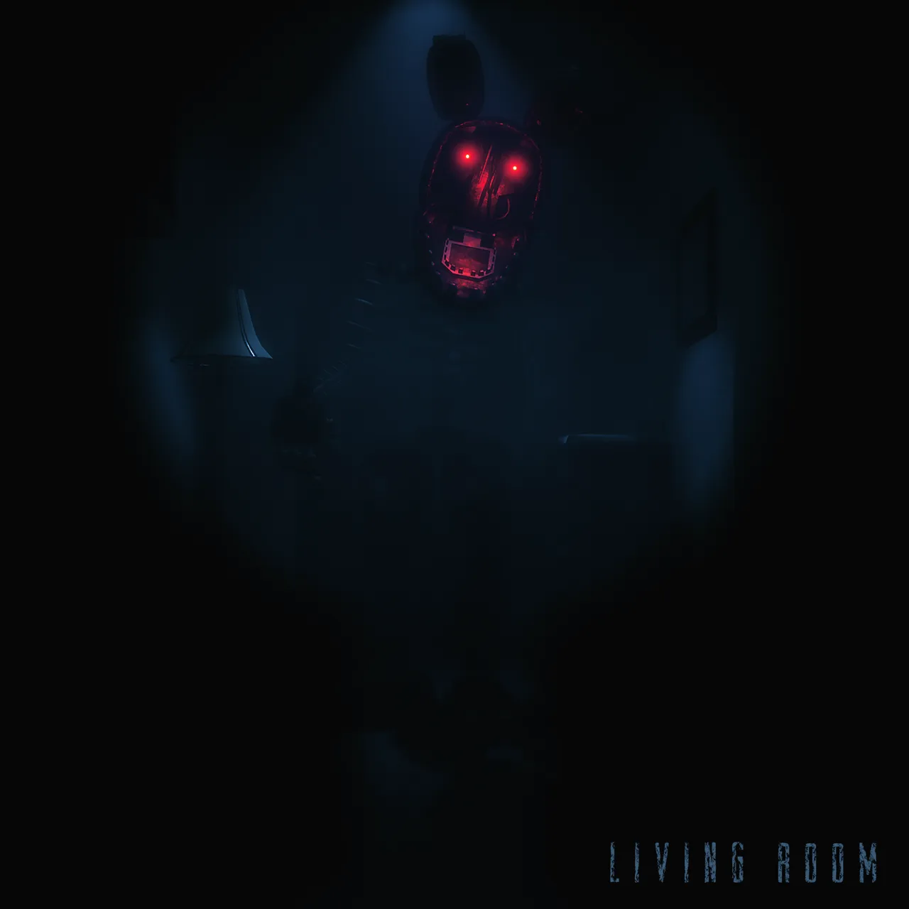 The Joy of Creation: Story Mode screenshot: a burned Bonnie animatronic with glowing red eyes looming in a dark living room