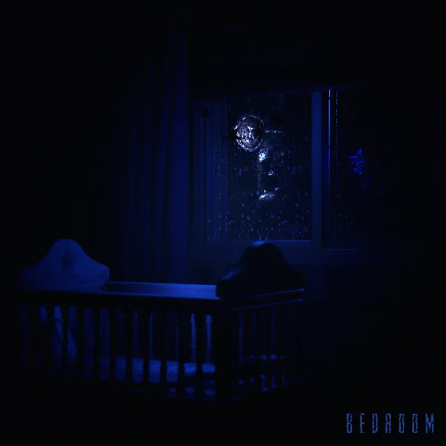 The Joy of Creation: Story Mode bedroom level: a crib in blue moonlight beside a rain-streaked window with a face behind the glass