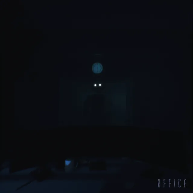 The Joy of Creation: Story Mode office level: two white eyes in a dark doorway behind a desk, under a wall clock