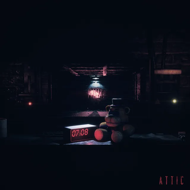 The Joy of Creation: Story Mode attic level: a Freddy plush and a red alarm clock on a table in a dark attic