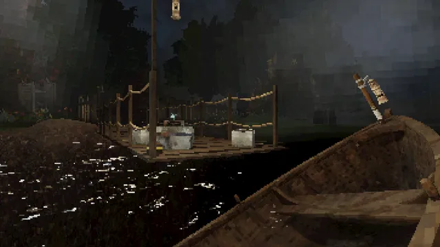 The Keeper screenshot: a rowing boat beside a wooden jetty with a rope rail on dark water at night