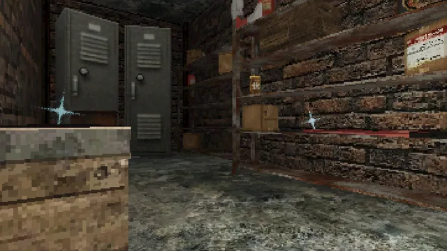 The Keeper screenshot: a brick storeroom with metal lockers, shelves and a crate, items glinting to pick up