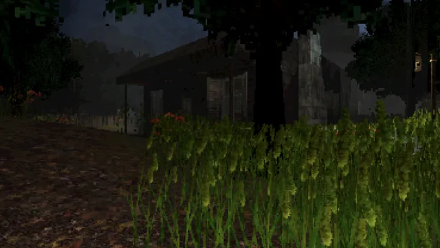 The Keeper screenshot: a dark wooden cabin behind tall plants and trees at night