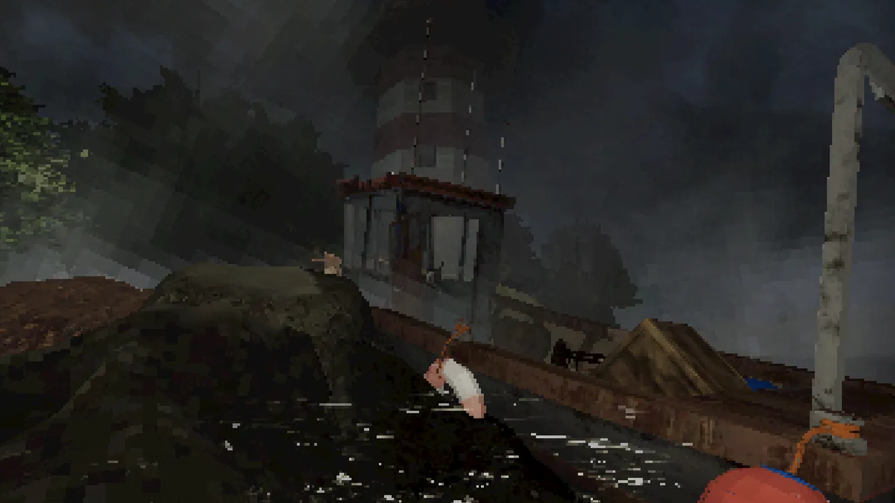 The Keeper screenshot: the deck of a fishing boat at night, with a lighthouse on the shore under a stormy sky