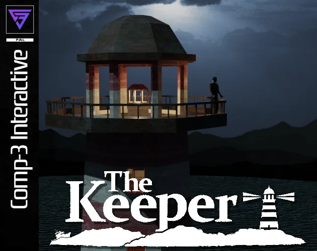 The Keeper cover art in the style of a game case: a figure on the gallery of a lighthouse at night above the title