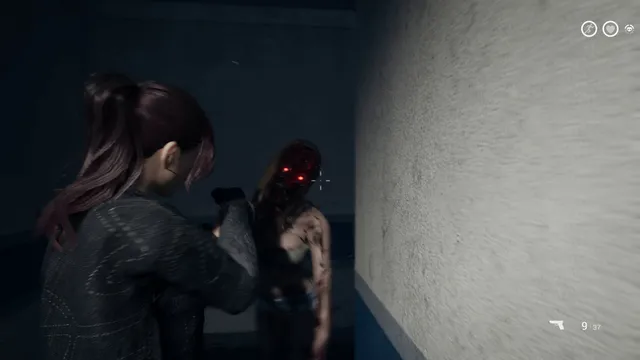 The Killing Antidote gameplay: Jodi aims a pistol at a red-eyed zombie lunging at her beside a grey wall