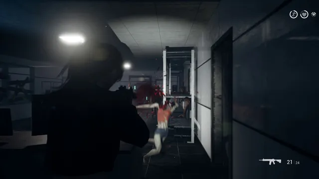 An armed figure fires a rifle at a lunging zombie in a dark lab corridor